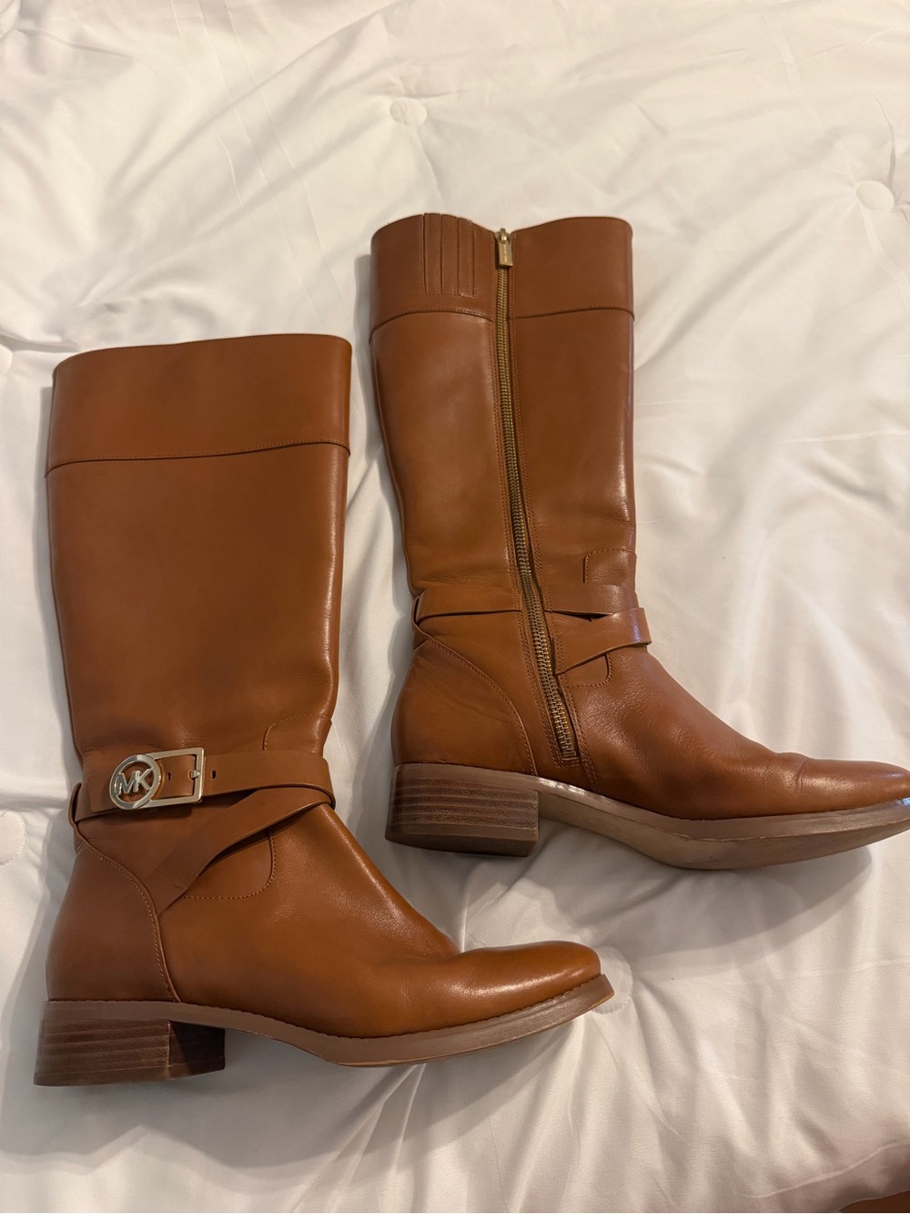 Michael Kors Cognac Leather Knee Boots with MK Buckle